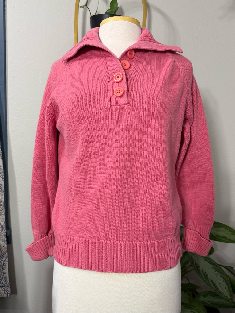 Karen Scott Women’s M Pink Cotton Button Collar Pullover Sweater Preppy